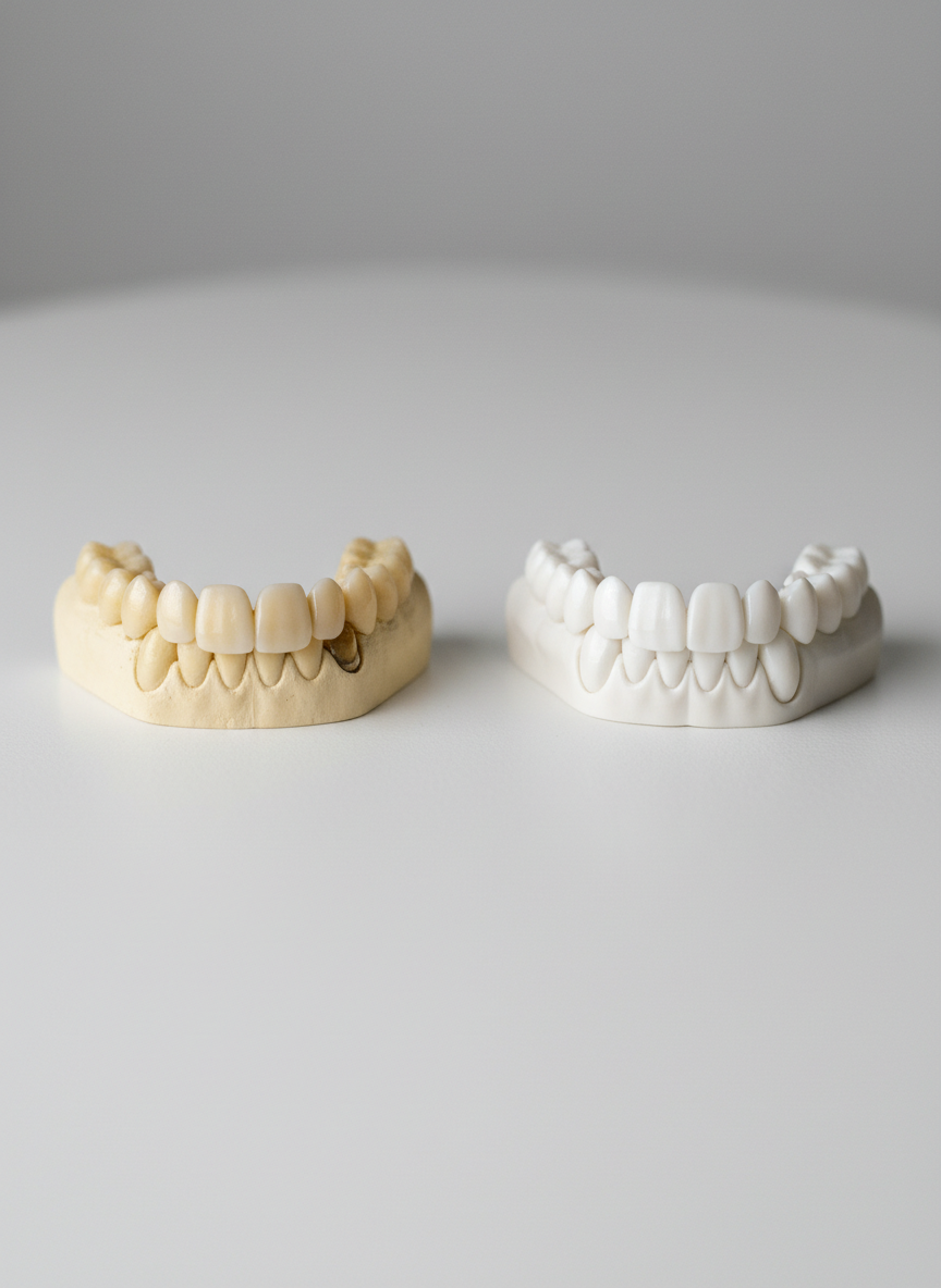 A close-up, side-by-side photographic comparison of two anonymized dental models representing a patient’s teeth before and after cosmetic treatment. On the left, slightly discolored, uneven resin teeth with small gaps; on the right, beautifully aligned, natural-looking ceramic restorations with smooth contours and a healthy, enamel-like sheen. Both models rest on a neutral, matte white surface in a minimalist clinical setting. Soft studio lighting from the front-left highlights surface texture without harsh reflections, creating subtle shadows beneath each model. The composition uses a centered, symmetrical layout with sharp focus throughout, visually emphasizing transformation and quality of workmanship while maintaining complete patient anonymity, ideal for a results-focused portfolio section.