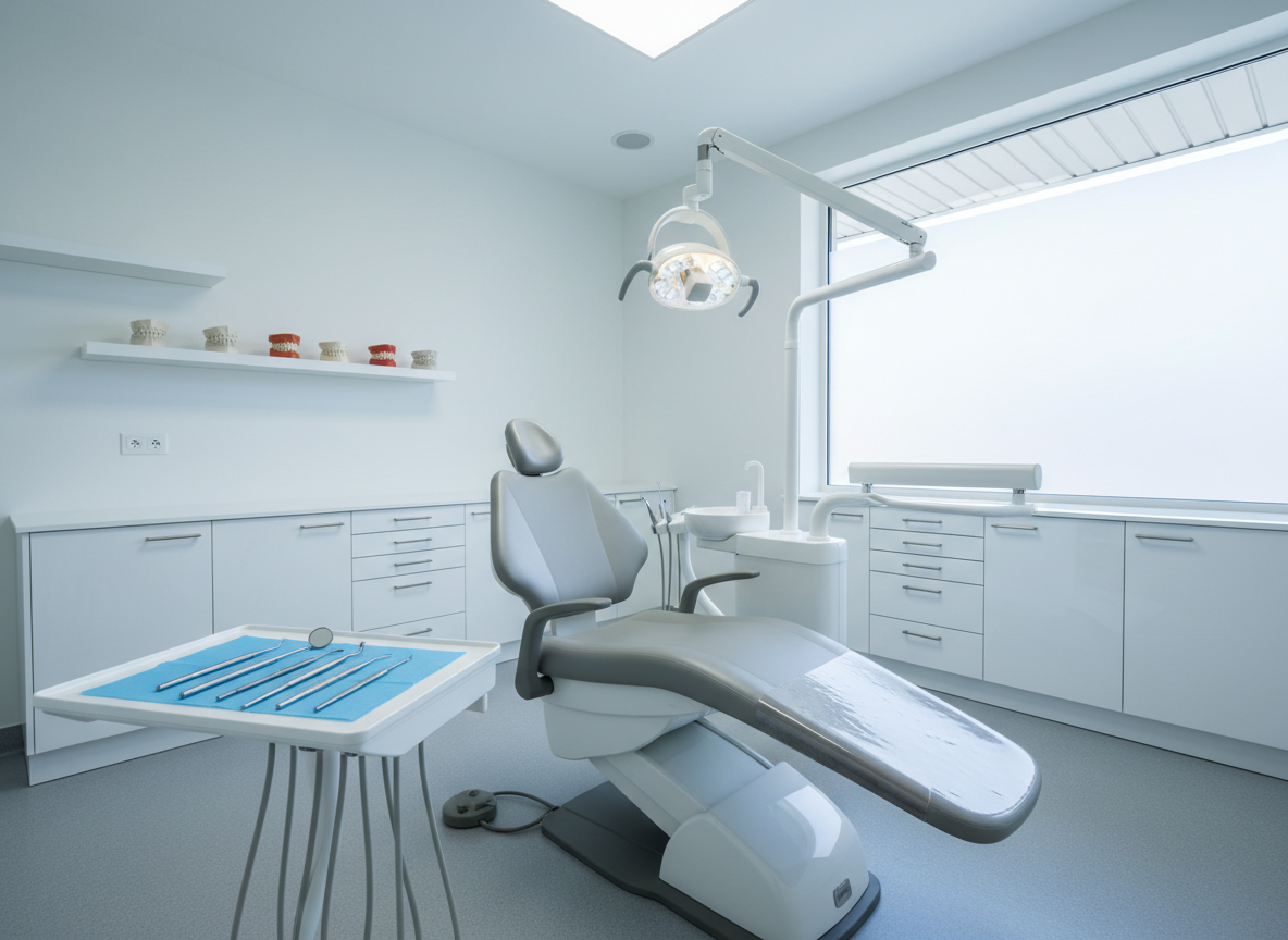 A serene, modern dental operatory without visible people, featuring a sleek, upholstered dental chair in soft grey positioned centrally, surrounded by streamlined white cabinetry and a ceiling-mounted light. On the side tray, a carefully arranged set of basic instruments rests on a blue barrier, with anonymized dental models displayed on a shelf in the background. Cool, balanced overhead lighting and soft natural light from a frosted side window create an evenly lit, inviting space with minimal shadows. Photographic realism at eye level, with a wide-angle composition that keeps the entire room in focus, conveying cleanliness, organization, and a calm, reassuring environment for prospective patients viewing the portfolio.