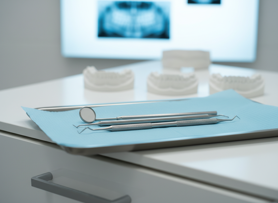 A meticulously arranged set of dental instruments, including a polished dental mirror, explorer, and scaler, resting on a smooth stainless steel tray covered with a crisp, pale blue disposable drape. The tray is positioned on a sleek white treatment cabinet in a modern, independent dental studio, with anonymized dental models and x-ray films softly blurred in the background. Cool, diffused overhead clinical lighting creates clean reflections on the metal surfaces and a professional, hygienic atmosphere. Photographic realism at eye-level, with shallow depth of field emphasizing the instruments’ precision while the background fades into a gentle bokeh, conveying trust, expertise, and meticulous attention to detail for a professional portfolio hero image.