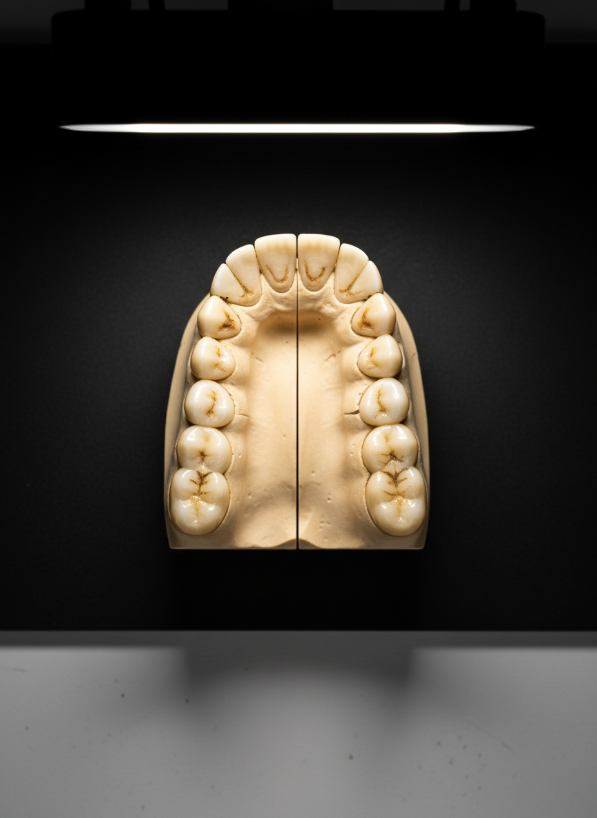 A detailed occlusal view of an anonymized lower dental cast fitted with meticulously contoured composite restorations and inlays, showing smooth transitions between materials and natural fissure staining. The cast rests on a matte black background that contrasts with the warm ivory tooth shades, on a minimal lab surface free of clutter. Focused LED task lighting from above and slightly behind creates delicate rim highlights along cusp tips and subtle shadows in grooves, emphasizing anatomy and craftsmanship. Photographic realism with a top-down composition and tight framing keeps every surface in sharp focus, creating a dramatic yet clinical image suited for showcasing advanced restorative skills in a professional dental portfolio.