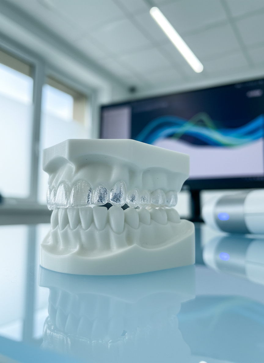 A polished, custom clear aligner displayed on an anonymized 3D-printed dental model of the upper arch, the transparent appliance hugging each tooth with precise contours. The model sits on a smooth, pale blue acrylic platform atop a white counter, beside a softly blurred intraoral scanner and monitor displaying abstracted, text-free treatment planning graphics. Natural daylight from a nearby frosted window combines with cool overhead lighting, giving the aligner subtle edge highlights and a glass-like clarity. Photographic realism from a low, close-up three-quarter angle with shallow depth of field, emphasizing the aligner and tooth anatomy while the background dissolves into a soft bokeh, conveying modern, discreet orthodontic care in a clean, tech-forward environment.
