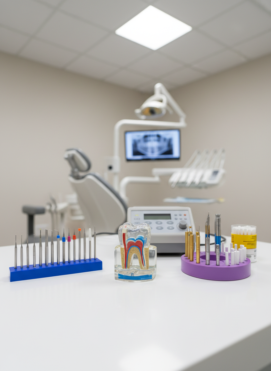 A tidy endodontic workstation setup featuring an anonymized transparent tooth model with visible root canals, arranged beside neatly lined-up endodontic files, rotary instruments, and paper points in color-coded holders. Everything rests on a smooth, disinfected white counter in a private, independent clinic operatory, with a blurred dental chair and monitor in the distance. Neutral, bright operatory lighting from overhead panels creates even illumination, subtle reflections on metal instruments, and crisp, shadow-free clarity. Captured from a slightly elevated angle with photographic realism and sharp focus throughout, the composition feels organized, calm, and highly professional, ideal for illustrating complex root canal procedures in a way that is educational yet visually clean and reassuring for prospective patients.