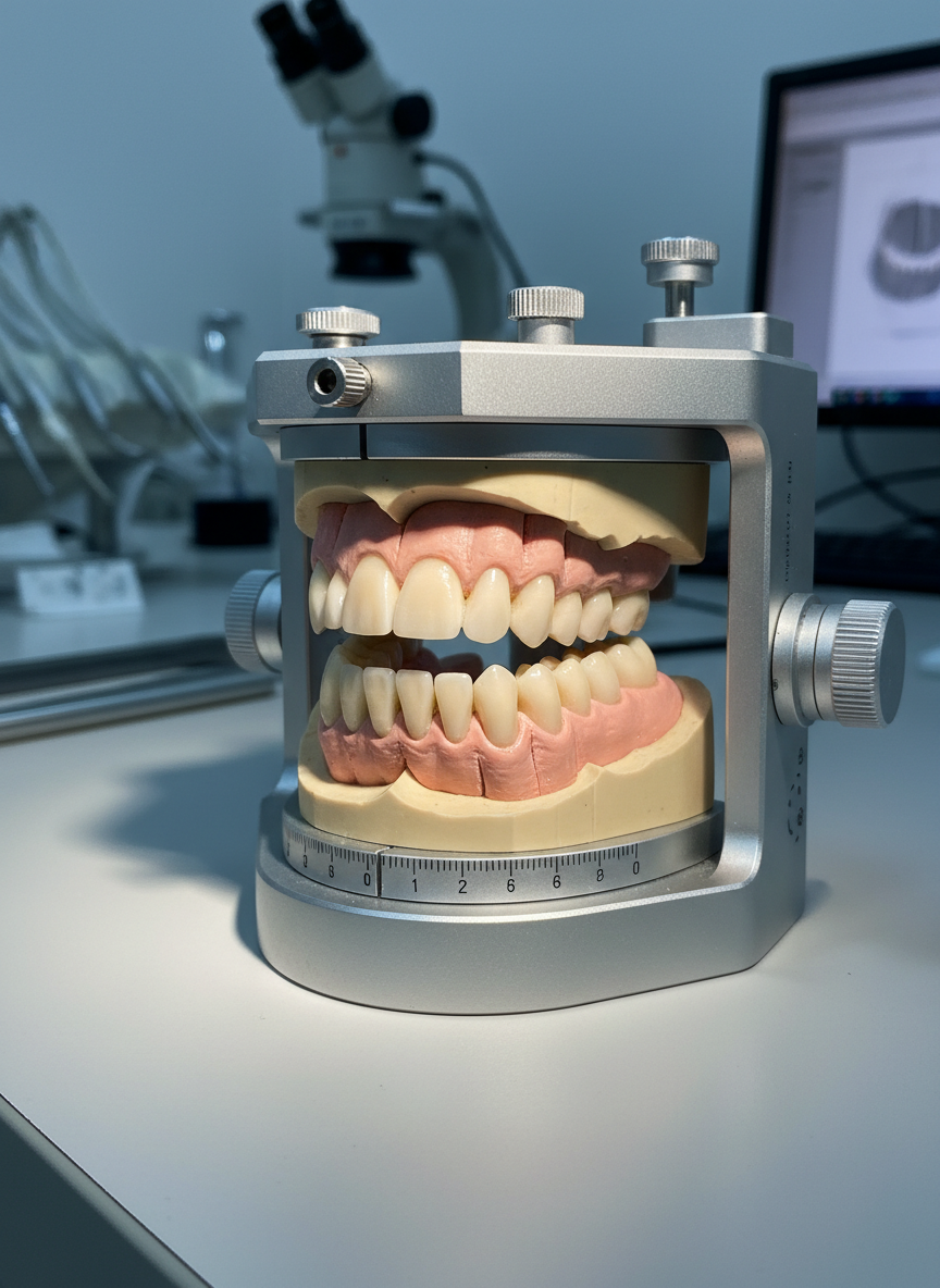 A highly detailed close-up of an anonymized upper dental arch model mounted in a precision articulator, showcasing intricate crown and bridge work. The model features lifelike, multi-tonal ceramic crowns with carefully sculpted cusps and natural translucency along the incisal edges, set against pink gingival material. The articulator’s brushed metal arms and adjustment screws frame the model on a clean, light grey lab bench. Cool, directional overhead lighting casts gentle shadows into the occlusal grooves, accentuating form and fit. Photographic realism with a three-quarter angle and moderate depth of field keeps the entire dental work sharp while softly blurring background lab tools, conveying craftsmanship, accuracy, and advanced restorative expertise.