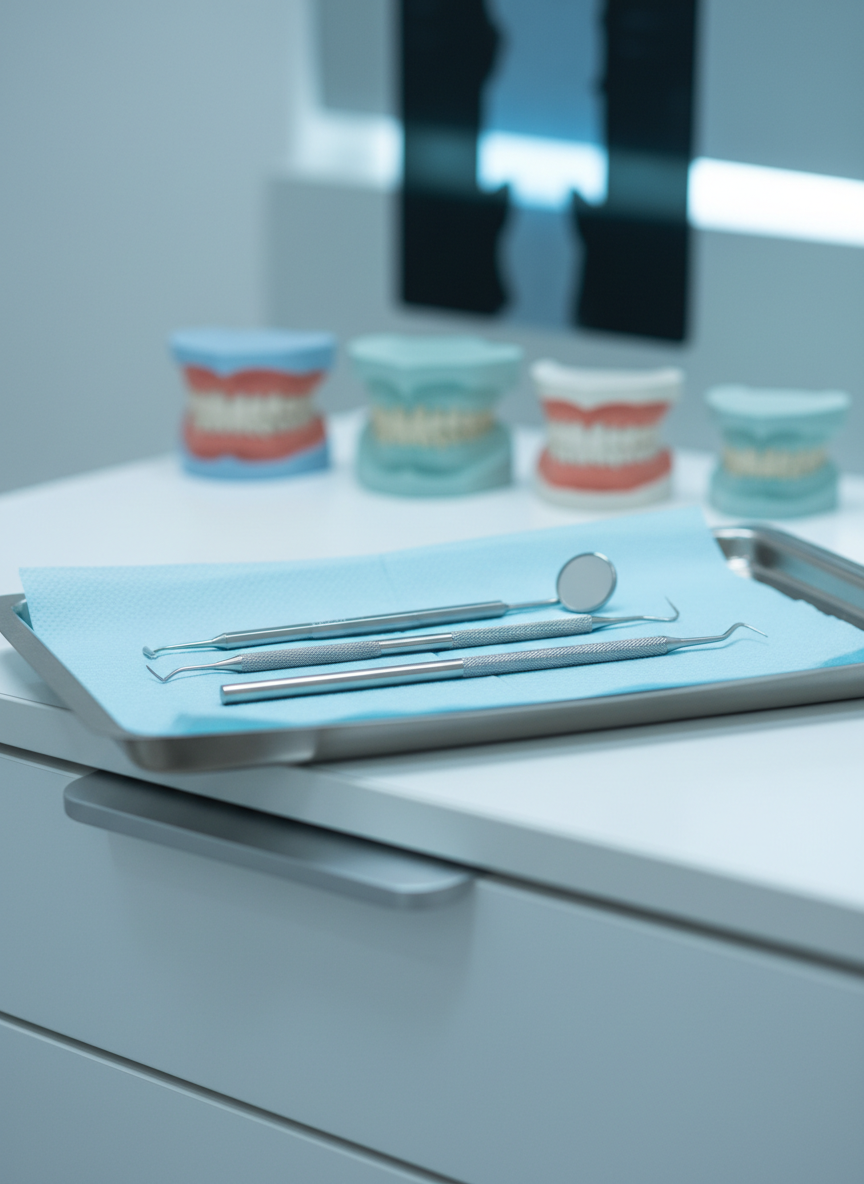 A meticulously arranged set of dental instruments, including a polished dental mirror, explorer, and scaler, resting on a smooth stainless steel tray covered with a crisp, pale blue disposable drape. The tray is positioned on a sleek white treatment cabinet in a modern, independent dental studio, with anonymized dental models and x-ray films softly blurred in the background. Cool, diffused overhead clinical lighting creates clean reflections on the metal surfaces and a professional, hygienic atmosphere. Photographic realism at eye-level, with shallow depth of field emphasizing the instruments’ precision while the background fades into a gentle bokeh, conveying trust, expertise, and meticulous attention to detail for a professional portfolio hero image.